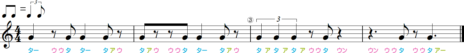 シャッフル（休符あり）のリズム練習4小節