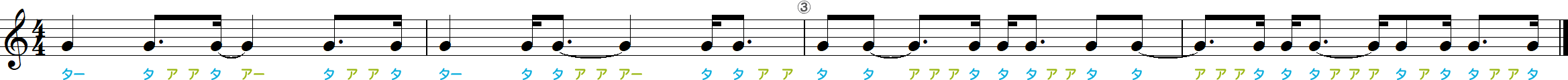 付点8分音符とタイ記号のリズム練習4小節