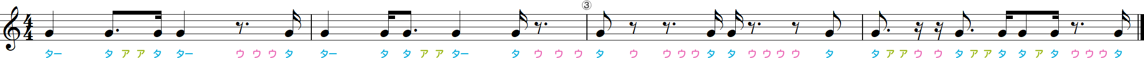 付点8分休符のリズム練習4小節